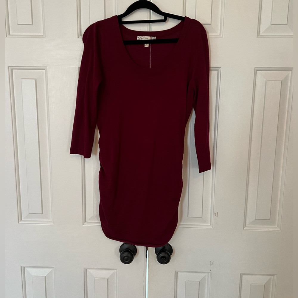 Pink Republic Women's Side Ruching Knit 3/4 Sleeve Sweater Dress- wine